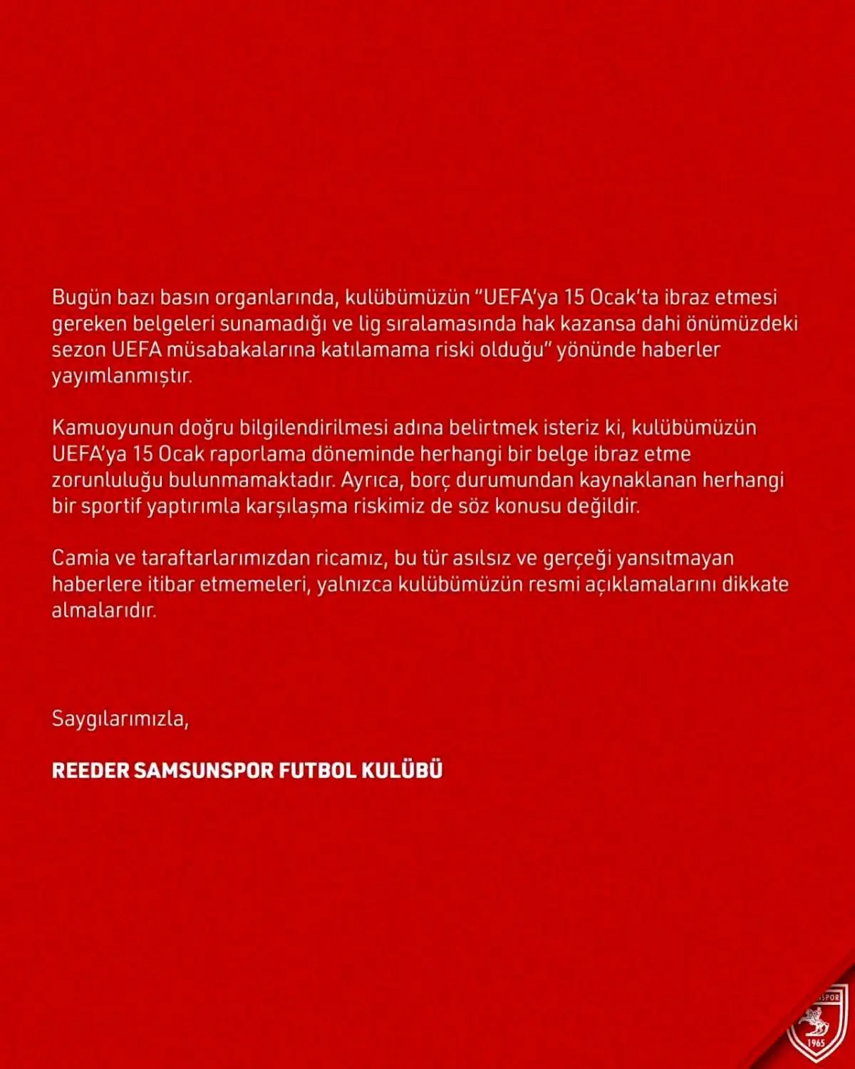 Samsunspor’dan UEFA Açıklaması